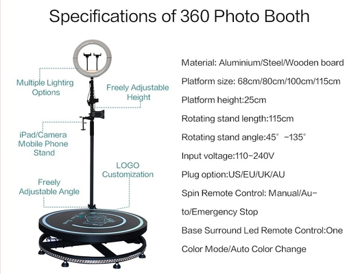 80 100 115 cm Party wolno obracająca się kamera obrotowa 360 stopni fotobudka Photobooth automatyczne wideo 360 spinner Booth